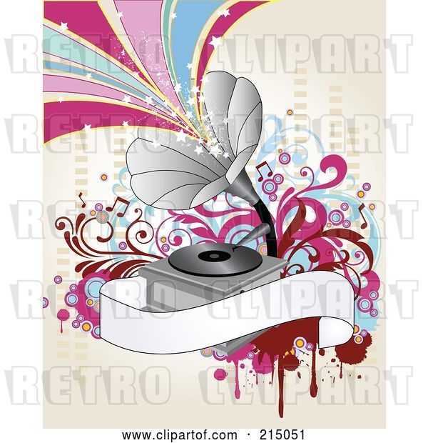 Vector Clip Art of Retro Gramophone Background with Starry Waves and a Blank Banner on Antique White
