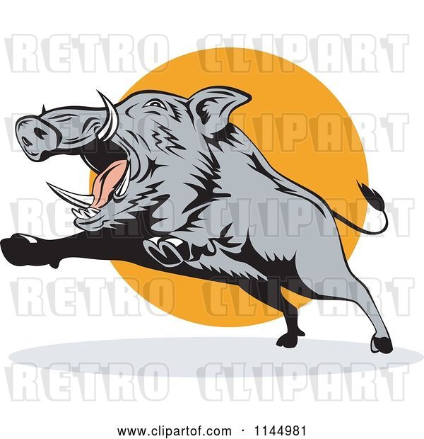 Vector Clip Art of Retro Gray Boar Leaping