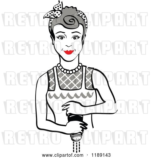 Vector Clip Art of Retro Gray Haired Housewife or Maid Lady Grinding Fresh Pepper
