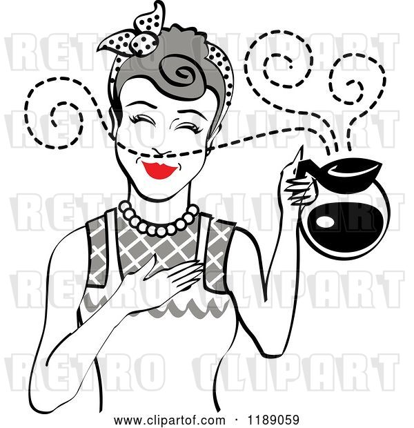 Vector Clip Art of Retro Gray Haired Waitress or Housewife Smelling the Aroma of Fresh Hot Coffee in a Pot