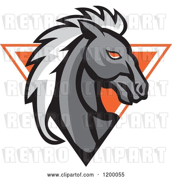 Vector Clip Art of Retro Gray Horse Head over an Orange Triangle