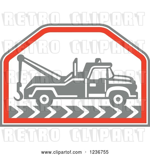 Vector Clip Art of Retro Gray Tow Truck in a Red Hexagon