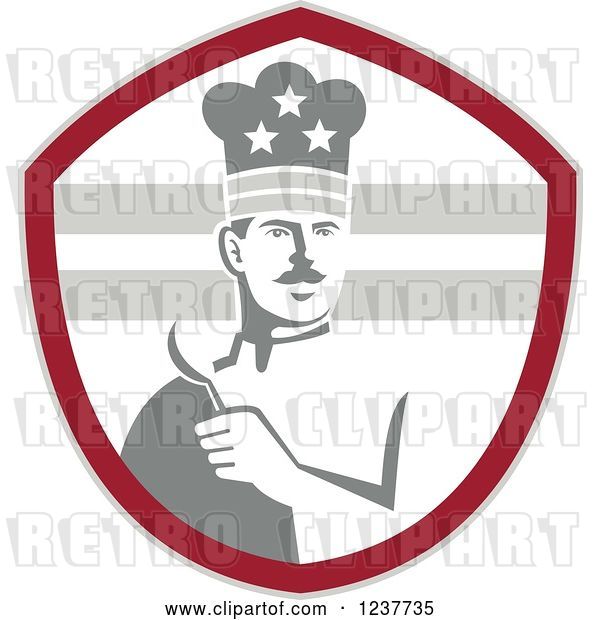 Vector Clip Art of Retro Grayscale American Chef Holding a Spoon in a Red Shield