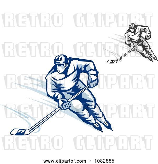 Vector Clip Art of Retro Grayscale and Blue Hockey Players