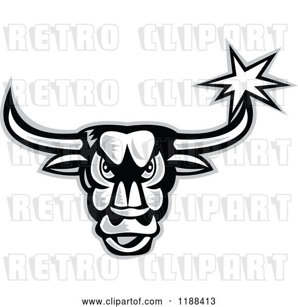 Vector Clip Art of Retro Grayscale Angry Bull with a Star on His Horn