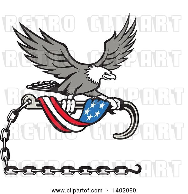Vector Clip Art of Retro Grayscale Bald Eagle Flying with a Towing J Hook and an American Flag Banner