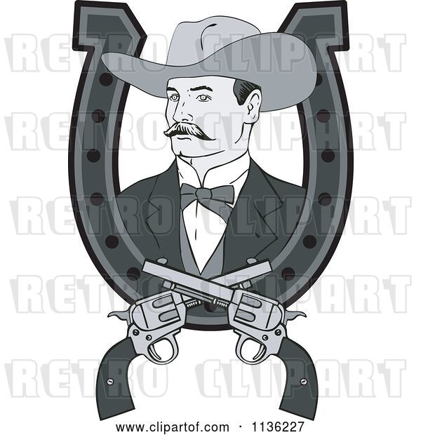 Vector Clip Art of Retro Grayscale Cowboy in a Horseshoe with Crossed Pistols