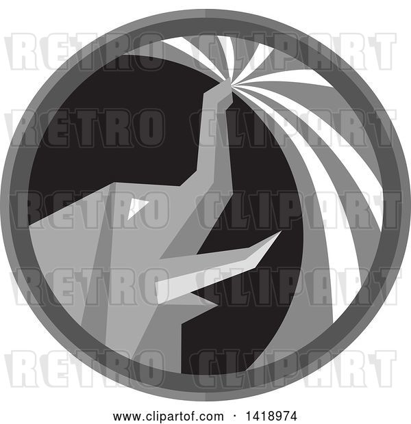 Vector Clip Art of Retro Grayscale Elephant Spraying Water from His Trunk in a Circle
