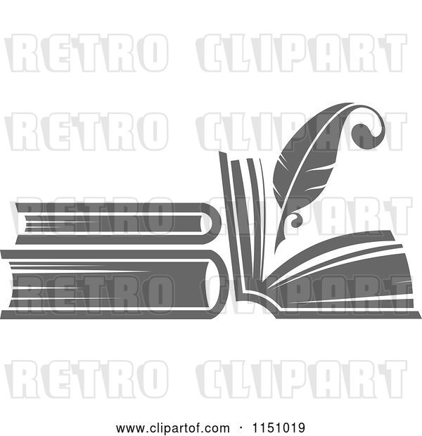 Vector Clip Art of Retro Grayscale Feather Quill Pen and Books
