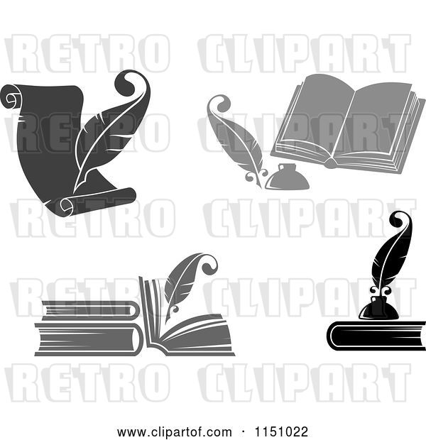 Vector Clip Art of Retro Grayscale Feather Quill Pens and Books