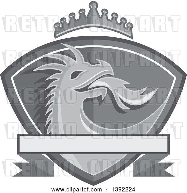 Vector Clip Art of Retro Grayscale Fire Breathing Dragon Head in a Shield, with a Crown and Banner