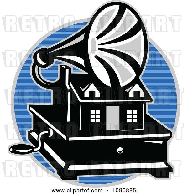 Vector Clip Art of Retro Grayscale Gramaphone over a Blue Lined Circle