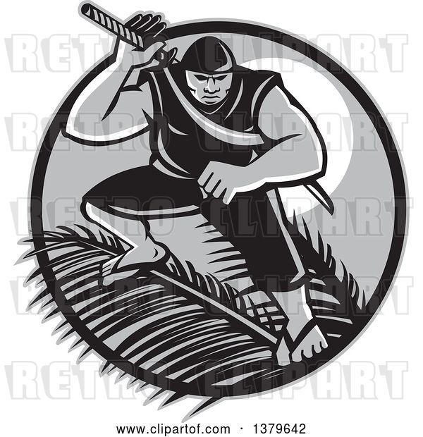 Vector Clip Art of Retro Grayscale Samoan Ninja with Samurai Sword over Palm Branches Against a Full Moon