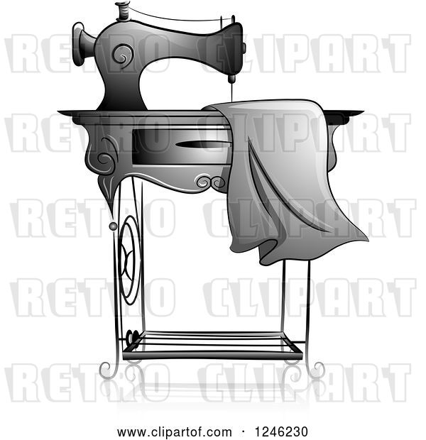 Vector Clip Art of Retro Grayscale Sewing Machine with Fabric