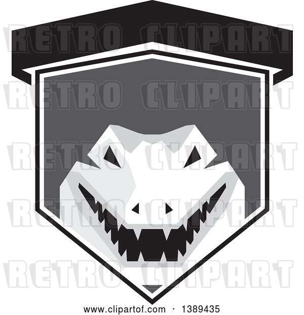 Vector Clip Art of Retro Grayscale Snapping Alligator or Crocodile in a Shield