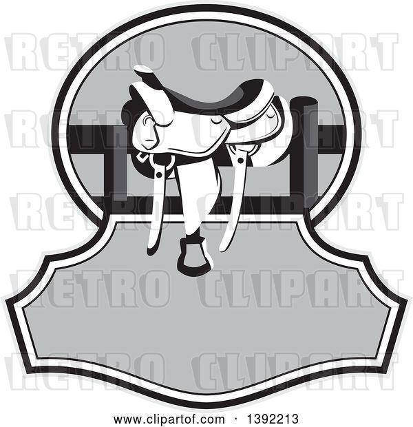 Vector Clip Art of Retro Grayscale Western Saddle on a Fence over Text Space