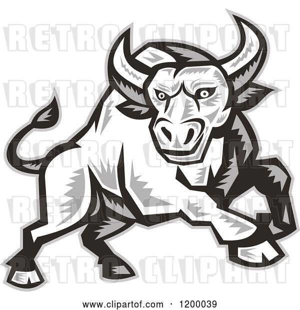 Vector Clip Art of Retro Grayscale Woodcut Charging Angry Bull