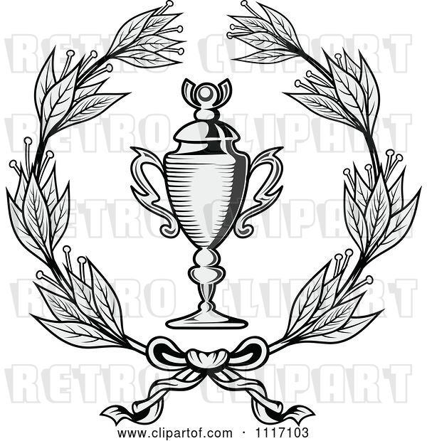 Vector Clip Art of Retro Grayscale Wreath and Trophy Cup