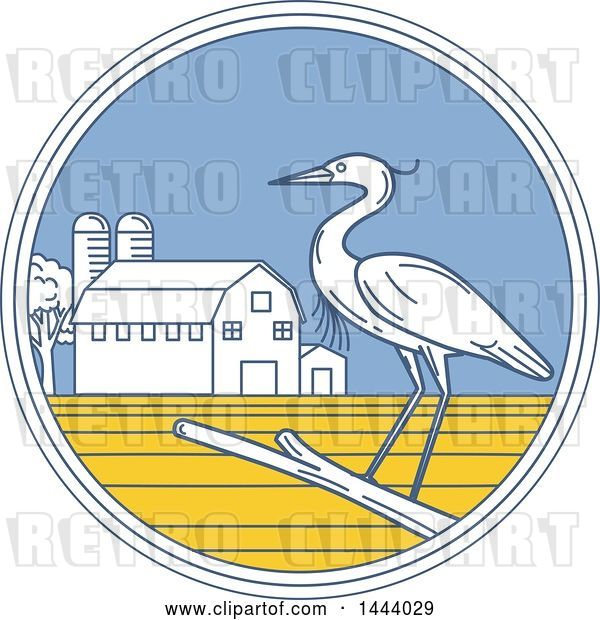 Vector Clip Art of Retro Great Blue Heron Bird on a Branch in a Circle with a Barn and Silo