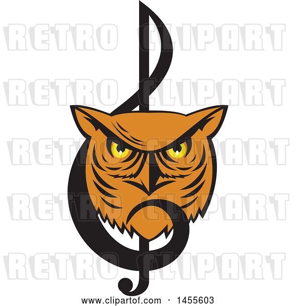 Vector Clip Art of Retro Great Horned Owl Face in a Music Clef Note
