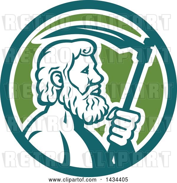 Vector Clip Art of Retro Greek God, Cronus or Kronos, Holding a Scythe in a Teal White and Green Circle