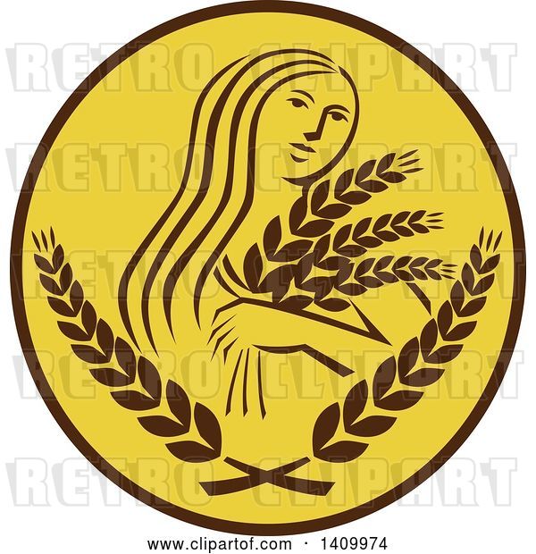 Vector Clip Art of Retro Greek Goddess, Demeter, Holding Grains in a Brown and White Circle