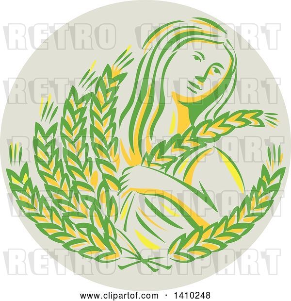 Vector Clip Art of Retro Greek Goddess, Demeter, Holding Grains in a Circle
