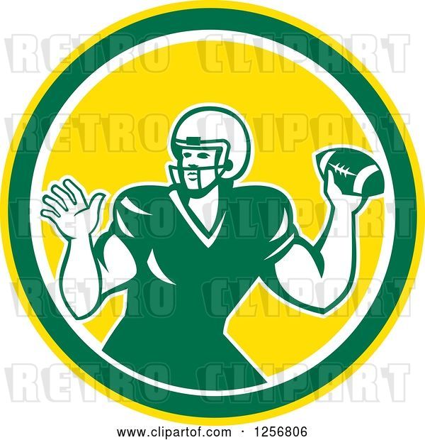Vector Clip Art of Retro Green American Football Player Throwing in a Yellow Circle