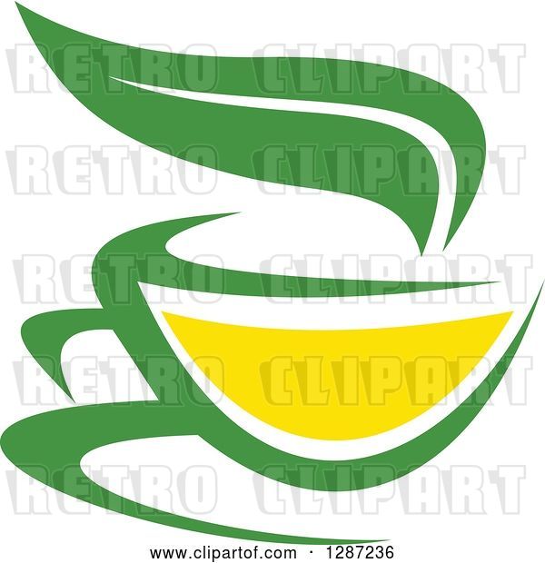Vector Clip Art of Retro Green and Yellow Tea Cup with a Leaf 2