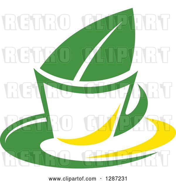 Vector Clip Art of Retro Green and Yellow Tea Cup with a Leaf 4