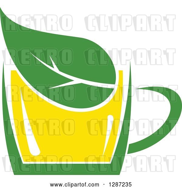 Vector Clip Art of Retro Green and Yellow Tea Cup with a Leaf
