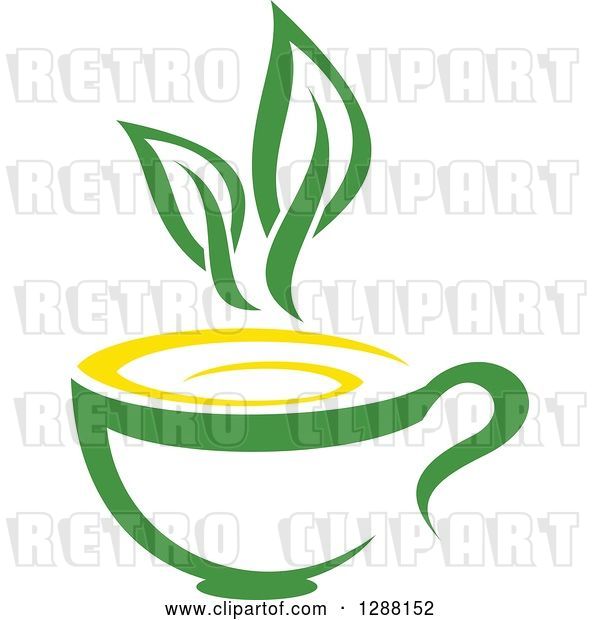 Vector Clip Art of Retro Green and Yellow Tea Cup with Leaves 3