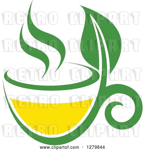 Vector Clip Art of Retro Green and Yellow Tea Cup with Leaves 4