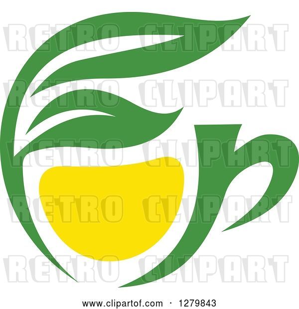Vector Clip Art of Retro Green and Yellow Tea Cup with Leaves 5