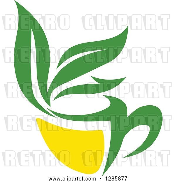 Vector Clip Art of Retro Green and Yellow Tea Cup with Leaves 7