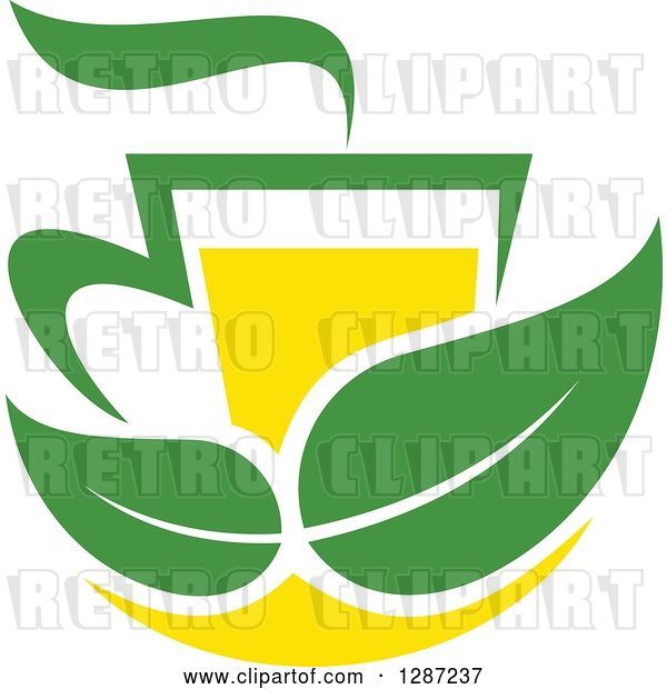 Vector Clip Art of Retro Green and Yellow Tea Cup with Leaves and Steam
