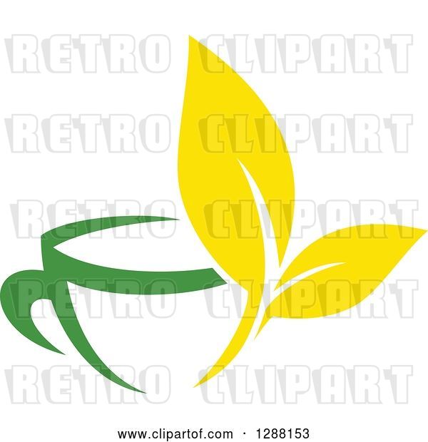 Vector Clip Art of Retro Green and Yellow Tea Cup with Leaves
