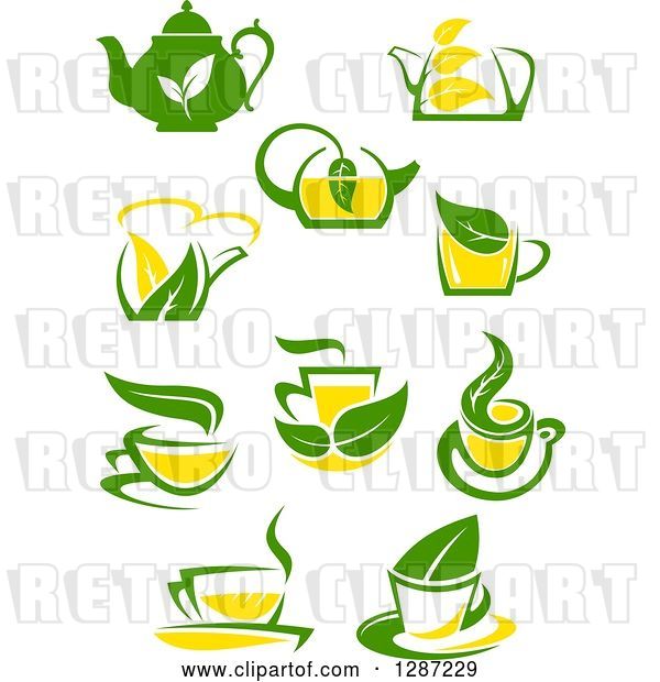 Vector Clip Art of Retro Green and Yellow Tea Cups and Pots with Leaves 3