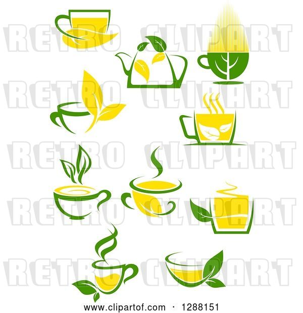 Vector Clip Art of Retro Green and Yellow Tea Cups and Pots with Leaves 4