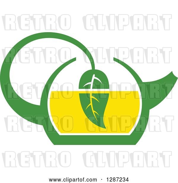 Vector Clip Art of Retro Green and Yellow Tea Pot with a Leaf Dipping in the Liquid