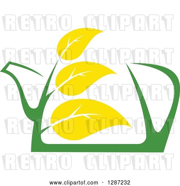 Vector Clip Art of Retro Green and Yellow Tea Pot with Leaves 6