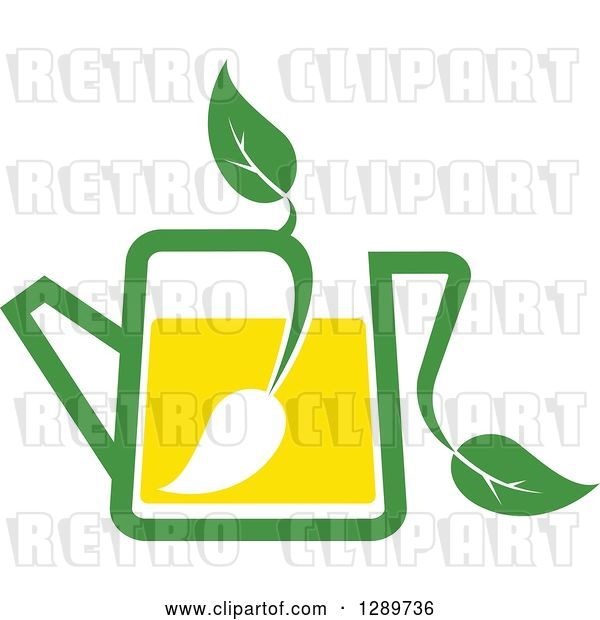 Vector Clip Art of Retro Green and Yellow Tea Pot with Leaves 8