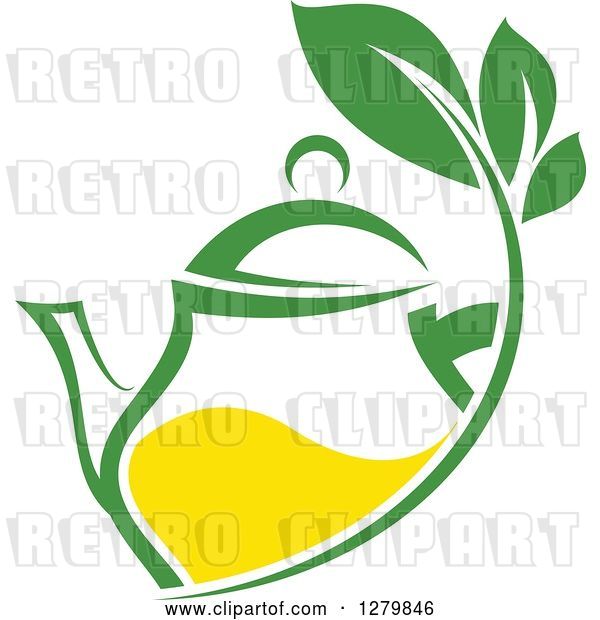 Vector Clip Art of Retro Green and Yellow Tea Pot with Leaves