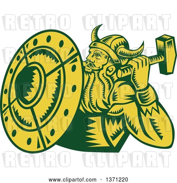 Vector Clip Art of Retro Green and Yellow Woodcut Male Viking Warrior with a Hammer and Shield