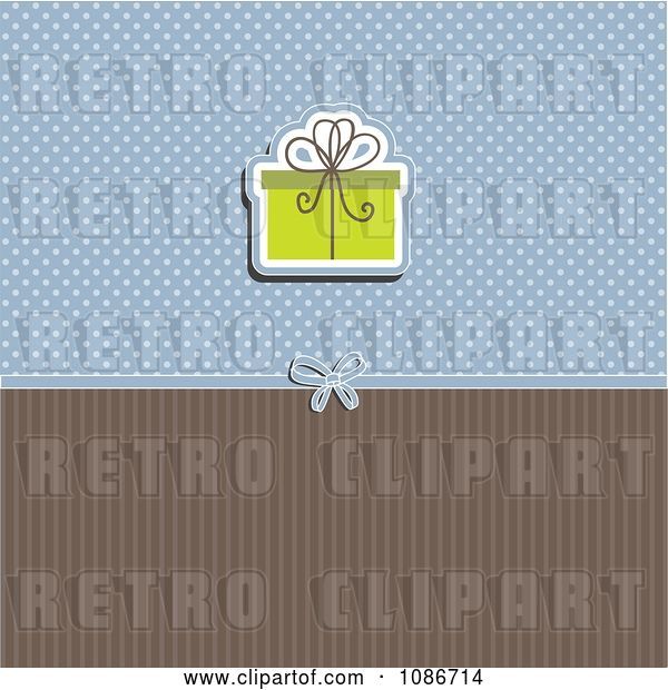 Vector Clip Art of Retro Green Christmas Baby Shower or Birthday Gift over Blue Polka Dots and Brown Stripes