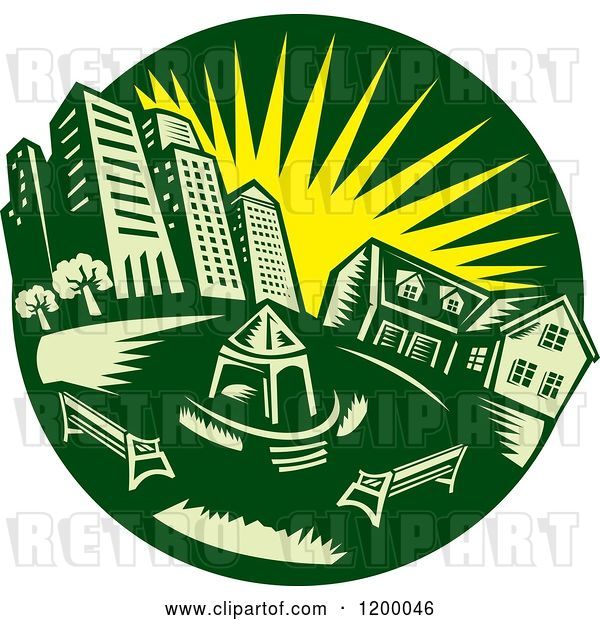 Vector Clip Art of Retro Green Circle of an Urban Landscape and Park with a Yellow Sun