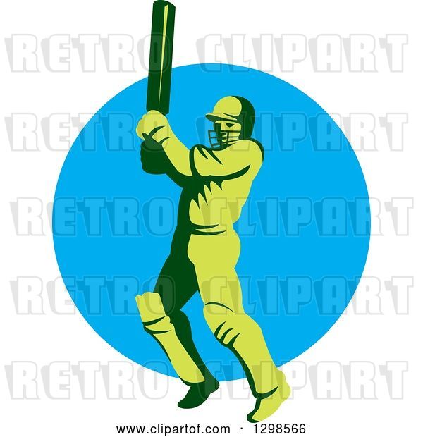 Vector Clip Art of Retro Green Cricket Batsman over a Blue Circle