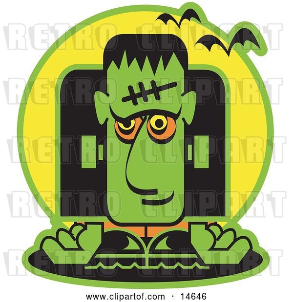 Vector Clip Art of Retro Green Frankenstein with Vampire Bats