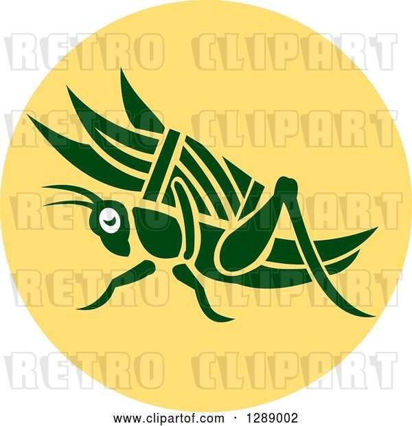 Vector Clip Art of Retro Green Grasshopper with a Basket of Grass in a Yellow Circle