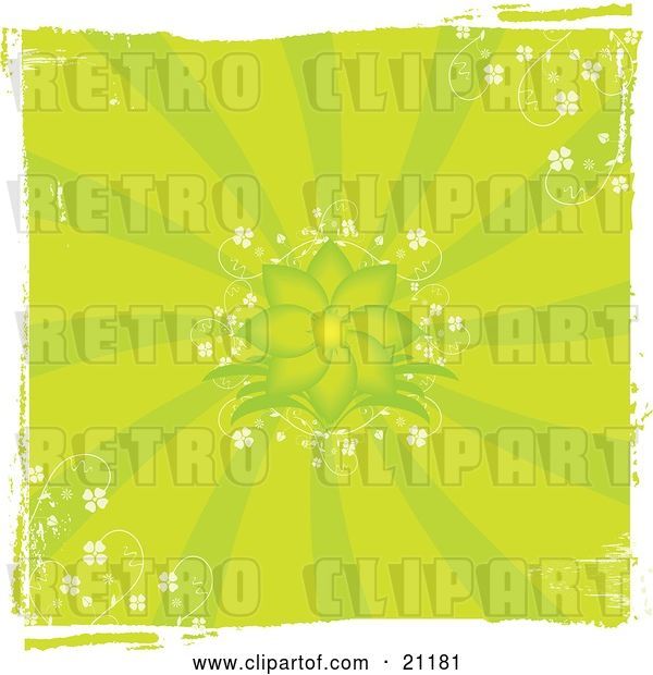 Vector Clip Art of Retro Green Grunge Floral Background with a Blooming Flower and Delicate White Flowers in the Corners